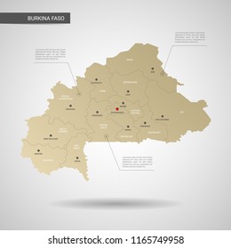 Stylized vector Burkina Faso map.  Infographic 3d gold map illustration with cities, borders, capital, administrative divisions and pointer marks, shadow; gradient background. 