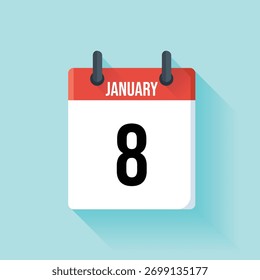 O ícone de calendário vetorial estilizado é exibido em 8 de janeiro. O calendário tem uma parte superior vermelha e exibe uma página branca com um número preto grande e em negrito em um plano de fundo azul claro.