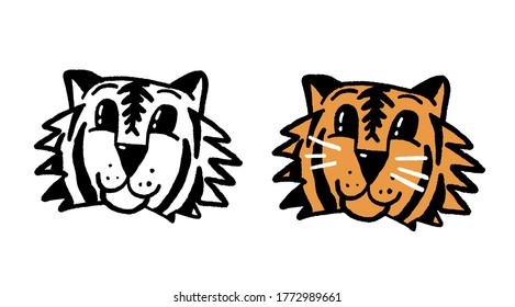 Stylized vector cartoon drawing of a cute tiger's face. Wild cat, pet animal.