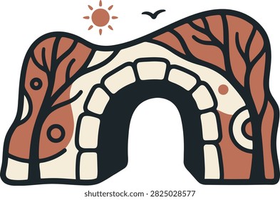 Stylized vector cave entrance formed by rounded rock shapes with a thick dark outline and warm terracotta tones. The opening is centered beneath an arched stone frame, with decorative organic patterns, a small sun icon, and birds above the formation on a clean white background