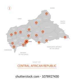 Stylized vector Central African Republic
 map showing big cities, capital Bangui, 
administrative divisions.