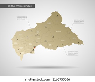 Stylized vector Central African Republic map.  Infographic 3d gold map illustration with cities, borders, capital, administrative divisions and pointer marks, shadow; gradient background. 