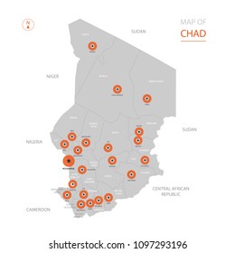 Stylized vector Chad map showing big cities, capital N'Djamena, 
administrative divisions.