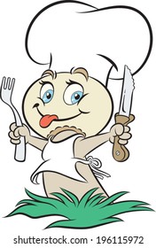 Stylized vector of champignon mascot in chief cook role.