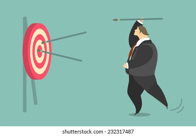 Stylized vector character businessman trying to hit a target with a spear