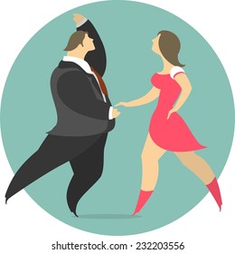 stylized vector characters men and women dancing round emblem