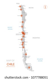 Stylized vector Chile map showing big cities, capital Santiago, administrative divisions and country borders with Bolívie, Argentina, Peru.