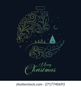 Ornamento estilizado de las Navidades del Vector que presenta las hojas ornamentadas, las burbujas, y los árboles de pino; Ilustración minimalista del Festiva con las líneas brillantes del neón y el guion elegante de las Navidades felices para el invierno