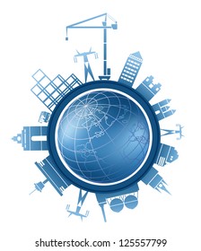 Stylized vector city block with buildings and factories