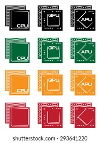 stylized vector collection of different types of microprocessors. Graphics Processing Unit, Central Processing unit and Accelerated Processing Unit