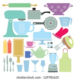 A stylized vector collection of kitchen utensils and appliances.