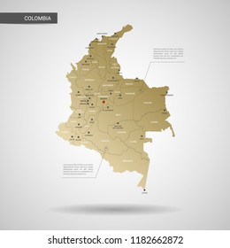 Stylized vector Colombia map.  Infographic 3d gold map illustration with cities, borders, capital, administrative divisions and pointer marks, shadow; gradient background. 