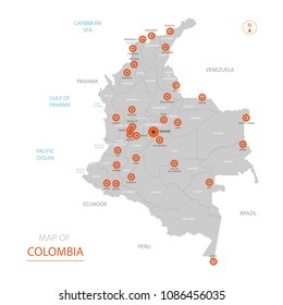 Stylized vector Colombia map showing big cities, capital Bogota, 
administrative divisions.