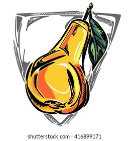 A stylized vector color drawing of pear, in triangle frame.