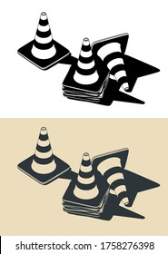 Stylized vector color illustrations of traffic cones drawings