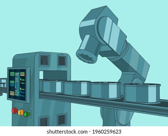 Stylized vector colorful illustration of automated factory line