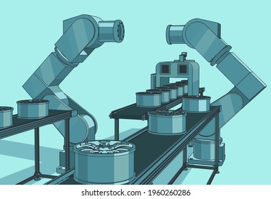 Stylized vector colorful illustration of automated factory line