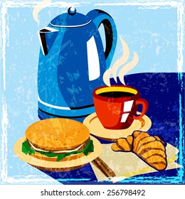 Stylized vector composition on the theme of breakfast, snack bars, cafes. performed in the style of an old poster