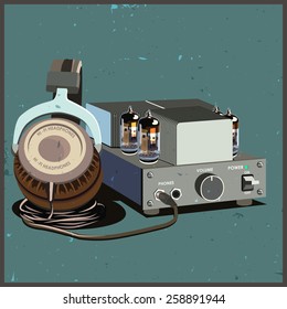 stylized vector composition on the theme of speakers, amplifiers, receivers, headphones, etc. retro lamp amplifier and headphones