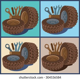 stylized vector composition on the theme of garages and tire