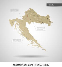 Stylized vector Croatia map.  Infographic 3d gold map illustration with cities, borders, capital, administrative divisions and pointer marks, shadow; gradient background. 