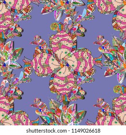 Stylized vector cute color fish for children textile, wrapping paper, swimsuit cloth, package. Marine kids seamless pattern with colorful cartoon fishes in water. Vector. Fishes on violet, pink.