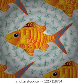 Stylized vector cute color fish for children textile, wrapping paper, swimsuit cloth, package. Fishes in yellow, gray and brown colors. Marine kids seamless pattern with colorful cartoon fishes.
