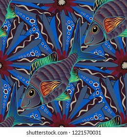 Stylized vector cute color fish for children textile, wrapping paper, swimsuit cloth, package. Fishes in brown, red and blue colors. Marine kids seamless pattern with colorful cartoon fishes.