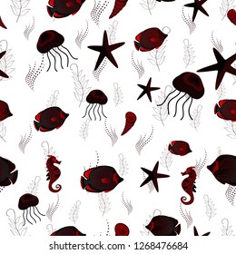 Stylized vector cute color fish for children textile, wrapping paper, swimsuit cloth, package. Marine kids seamless pattern with colorful cartoon fishes. Fishes in black, white and brown colors.