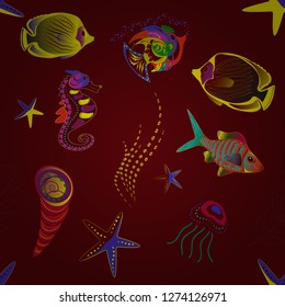 Stylized vector cute color fish for children textile, wrapping paper, swimsuit cloth, package. Fishes in red, brown and yellow colors. Marine kids seamless pattern with colorful cartoon fishes.