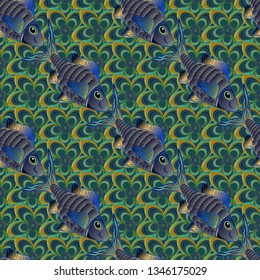 Stylized vector cute color fish for children textile, wrapping paper, swimsuit cloth, package. Fishes in green, blue and gray colors. Marine kids seamless pattern with colorful cartoon fishes.