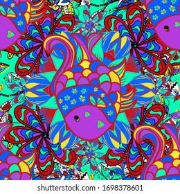 Stylized vector cute color fish for children textile, wrapping paper, swimsuit cloth, package. Fishes on blue, red and green. Marine kids seamless pattern with colorful cartoon fishes in water. Vector
