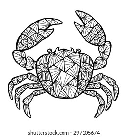 Stylized vector decoration, zen-tangle crab isolated on white background.