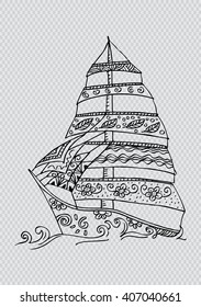 Stylized vector decoration, zen-tangle sailboat.