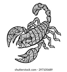Stylized vector decoration, zen-tangle scorpion isolated on white background.