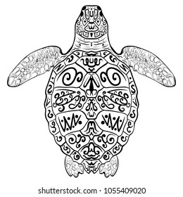 Stylized vector decoration, zentangle turtle isolated on white background. Vector illustration