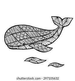 Stylized vector decoration, zen-tangle whale isolated on white background.