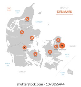 Stylized vector Denmark map showing big cities, capital Copenhagen, 
administrative divisions and country borders with Sweden, Germany. 
