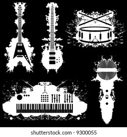Stylized vector depictions of electric guitar, bass guitar, drum, keyboard and microphone