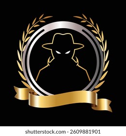 Stylized vector design featuring a hitman silhouette within a decorative emblem.