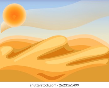  A stylized vector digital illustration Dunes and Sun. Layered desert landscape with undulating sand dunes in varying shades of warm tones and glowing orb the sun  hazy sky with subtle linear textures
