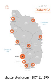 Stylized vector Dominica map showing big cities, capital Roseau, administrative divisions and country borders.