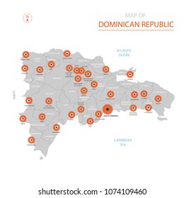 Stylized vector Dominican Republic map showing big cities, capital Santo Domingo, administrative divisions and country borders with Haiti.   