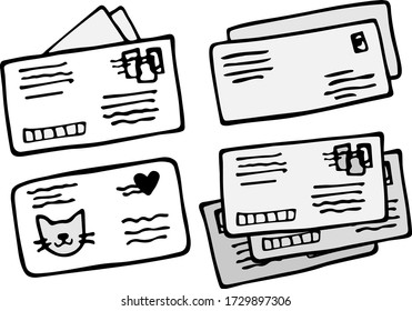 Stylized vector doodle envelopes. Hand-drawn set of elements - envelopes open with papers, sealed signed, with stamps. Illustrations for cards, stickers, design. Isolated on a white background.