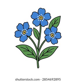 A stylized vector drawing of a blue forget me not flower cluster with green leaves on a white background