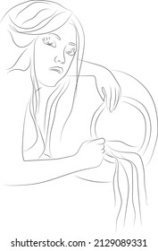 Stylized vector drawing drawn with strokes of lines of different thicknesses. Zodiac signs. Aquarius. A young girl pouring water from a large earthenware jug.