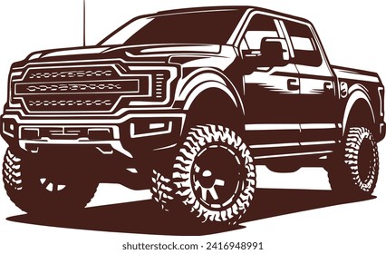 Stylized vector drawing of a modern pickup truck in monochrome stencil style, presented in a half-turn on a white background