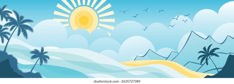 Stylized vector drawing of seascape, sunny summer, palm trees, tropical coastline, cartoon illustration