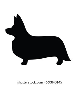Stylized vector drawing of a silhouette of standing in profile dog Welsh Corgi breed