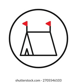 Desenho vetorial estilizado de uma tenda simplificada dentro de um círculo, apresenta um contorno preto com duas pequenas bandeiras vermelhas no topo. Representa acampamento e aventuras ao ar livre em um limpo, facilmente reconhecível